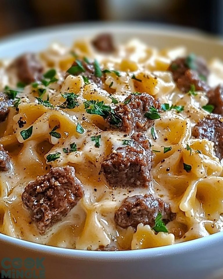 Creamy Beef and Bowtie Pasta with Alfredo Sauce
