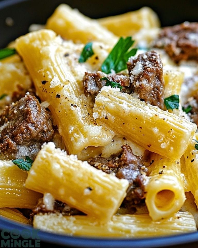 Creamy Cheesy Garlic Butter Rigatoni with Savory Beef