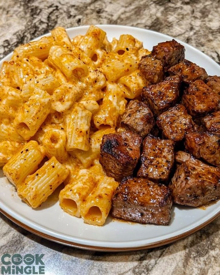 Cajun Steak Tips in Cheesy Rigatoni Parmesan Sauce