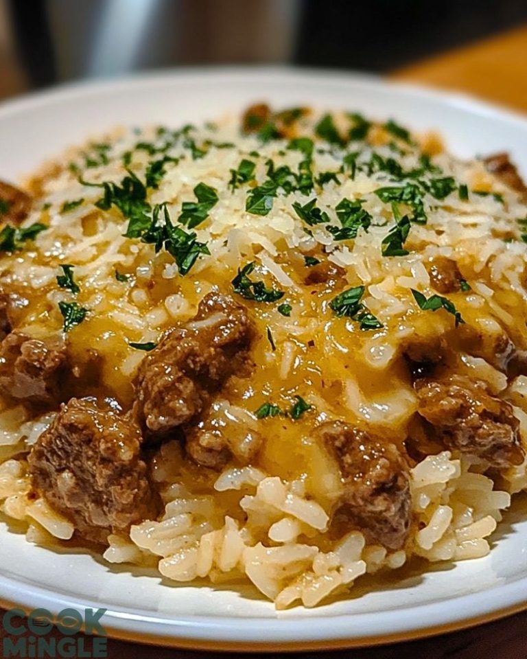 Garlic Butter Beef and Rice Skillet with Cheddar Parmesan Sauce