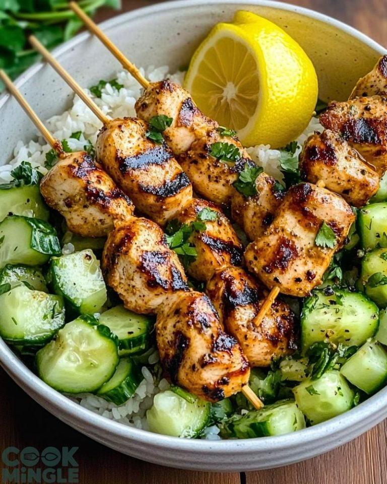 Grilled Chicken Skewer Bowl with Cucumber Avocado Salad