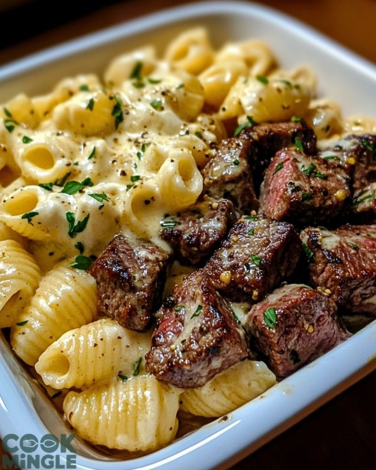 Steak Bites and Shell Pasta in Garlic Butter Alfredo Sauce