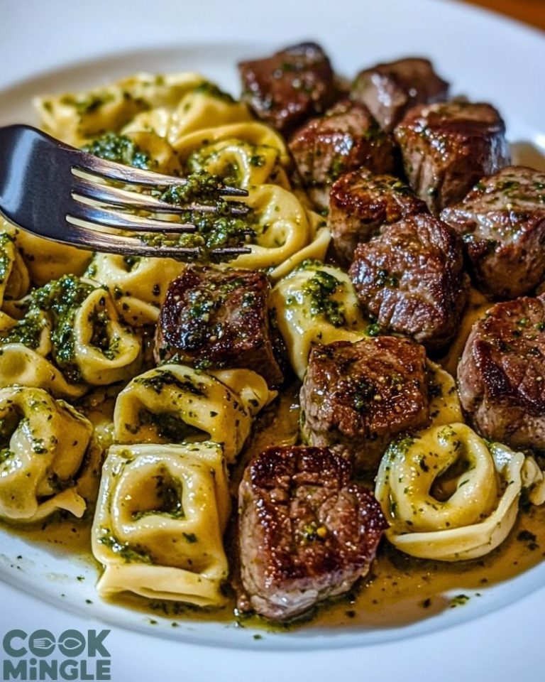 Tender Steak Bites with Pesto Alfredo Tortellini Sauce