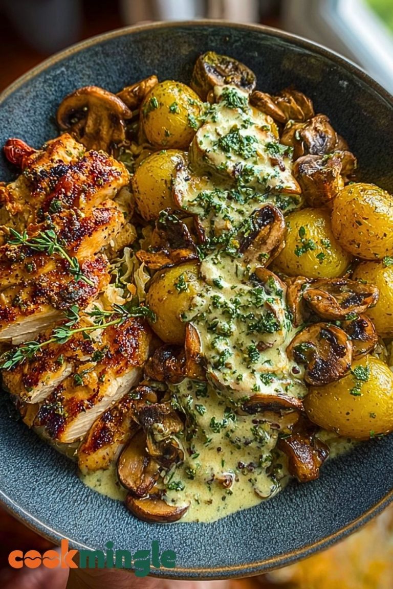 Chestnut Garlic Greek Chicken Alfredo with Sage Potatoes & Mushroom Basil Pesto Cream