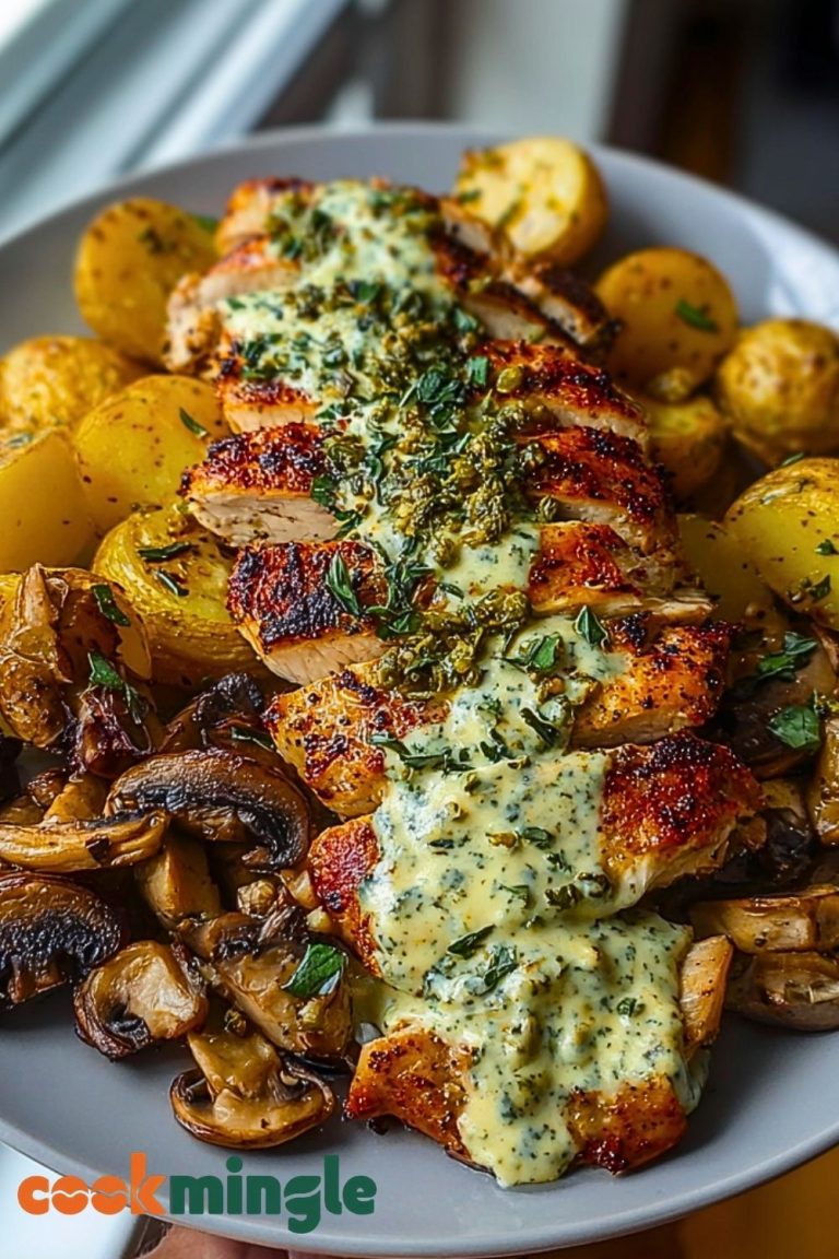 Chestnut Garlic Greek Chicken Alfredo with Sage Potatoes & Mushroom Pesto Cream