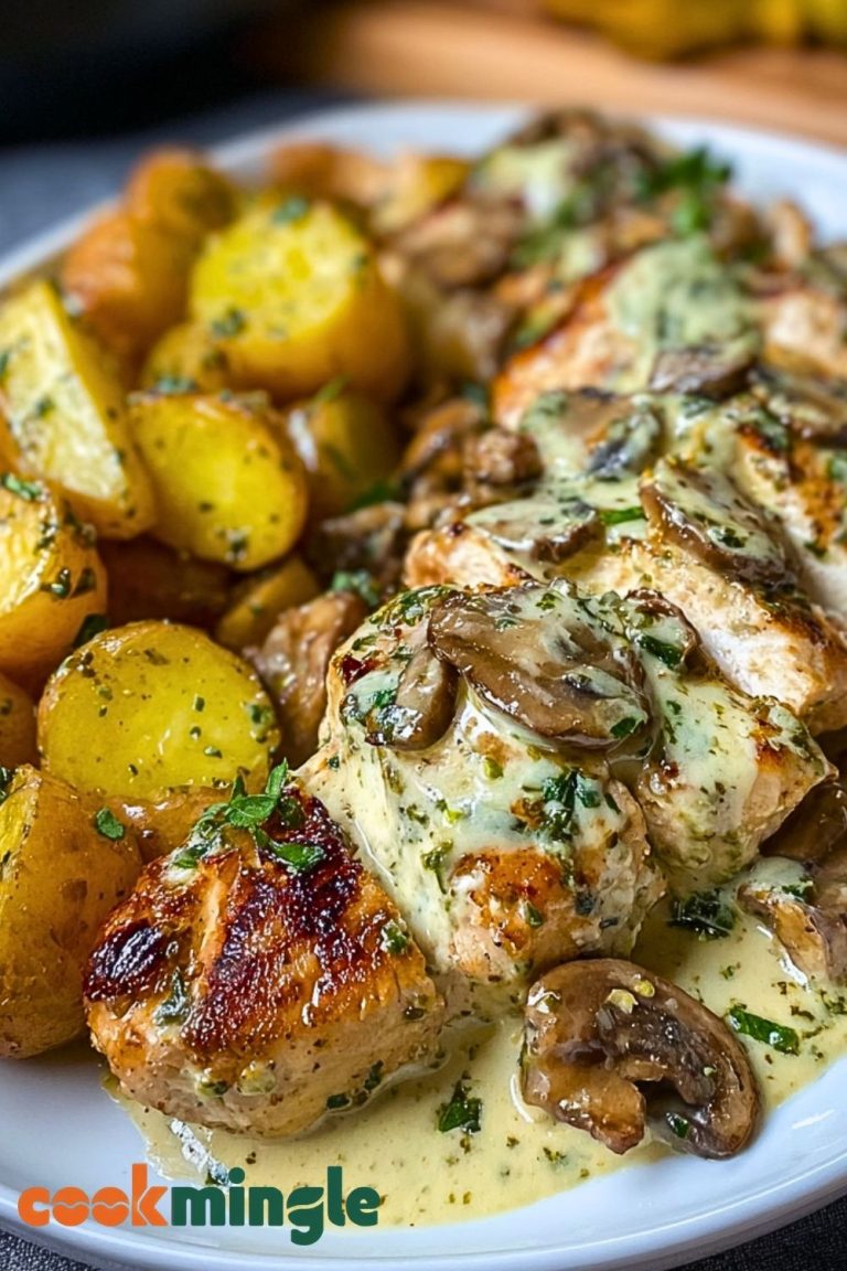 Creamy Garlic Mushroom Alfredo Chicken & Potatoes with Basil Pesto
