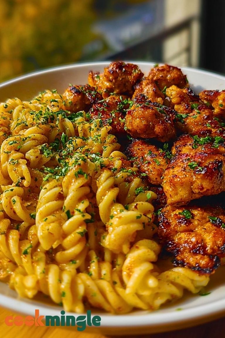 Easy Garlic Butter Chicken Bites Recipe with Spicy Cajun Alfredo Twisted Pasta