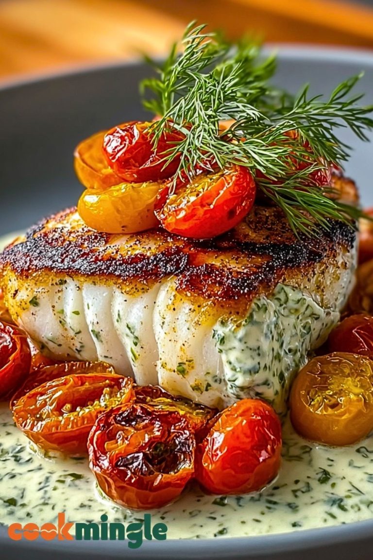 Grilled Cod with Roasted Tomatoes & Creamy Dill Sauce