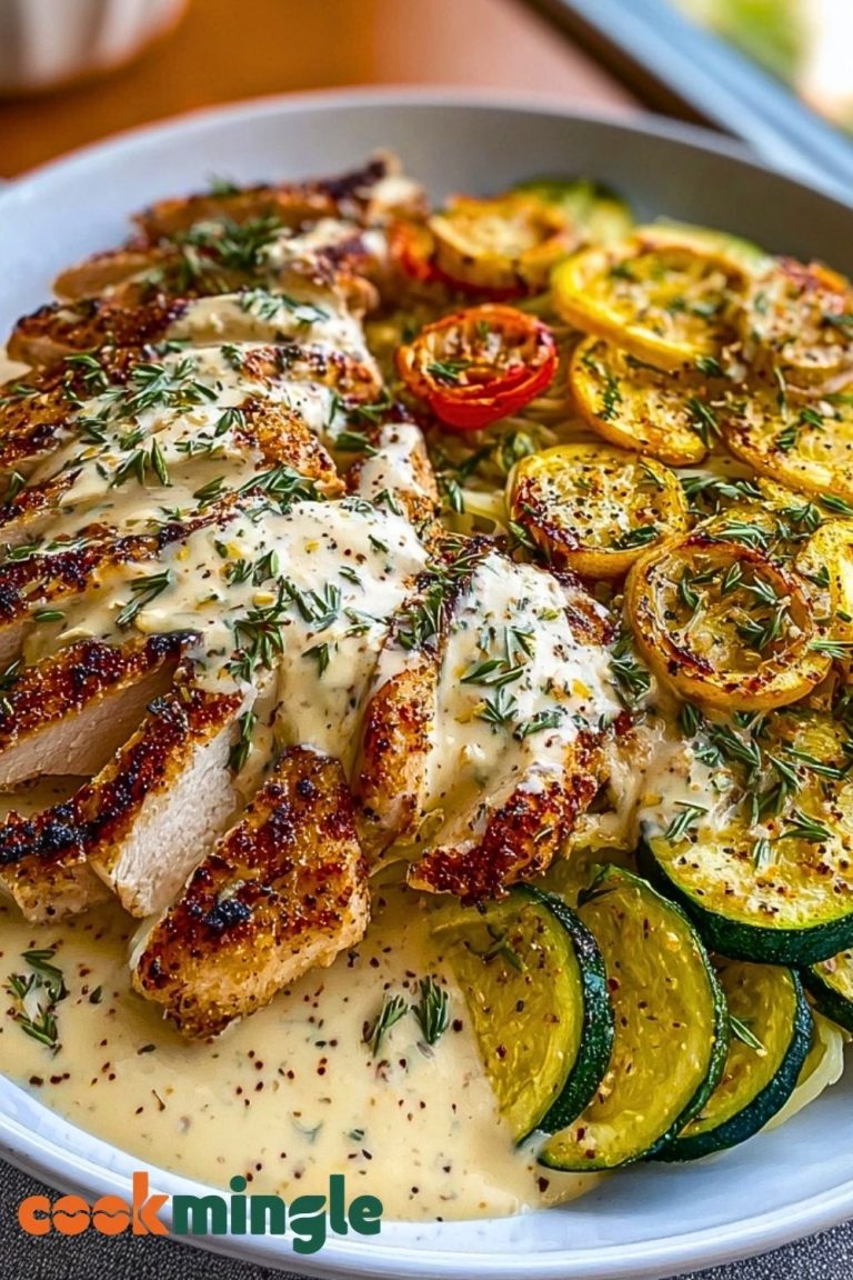 Lemon Dill Chicken Alfredo with Roasted Red Pepper Whipped Feta & Crispy Parmesan Zucchini