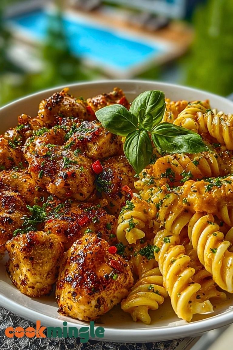 Lemon Pepper Chicken Bites & Roasted Red Pepper Cajun Alfredo Twists