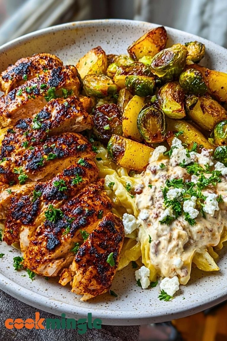 Smoked Paprika Chicken Alfredo with Feta-Tahini Cream & Crispy Brussels-Potato Combo Wedges