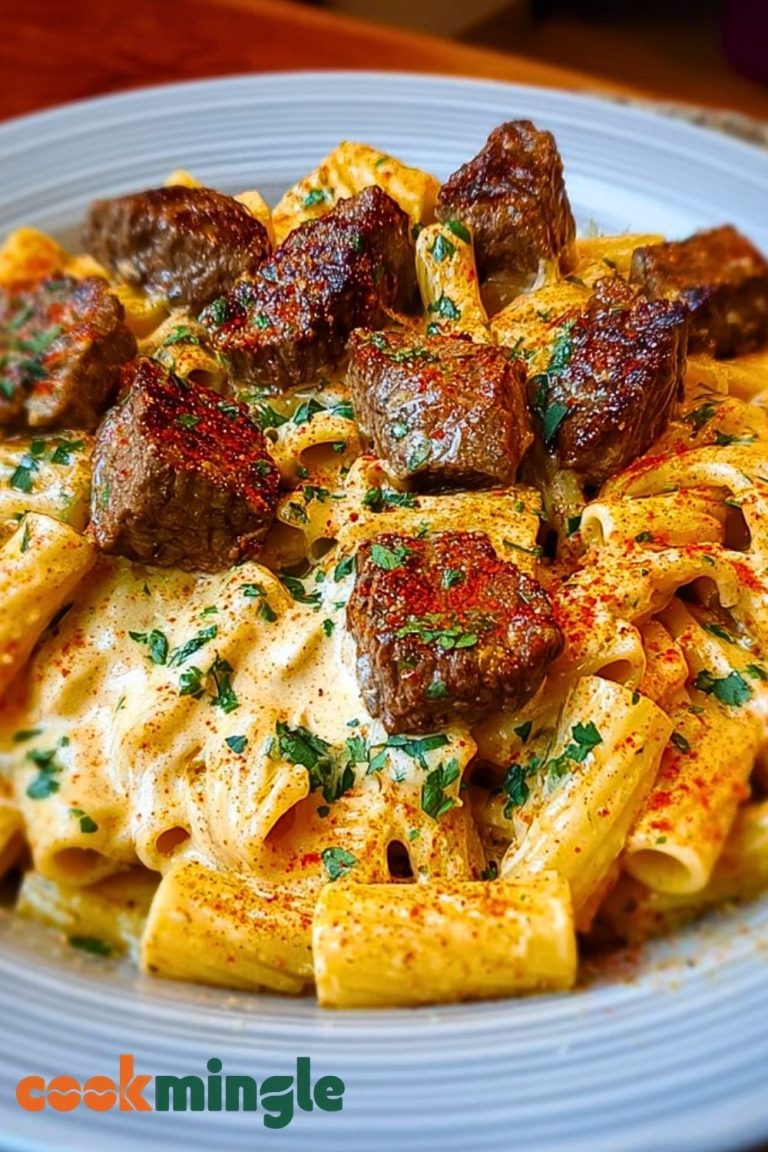 Cajun Garlic Butter Linguine with Tender Beef Strips Rigatoni