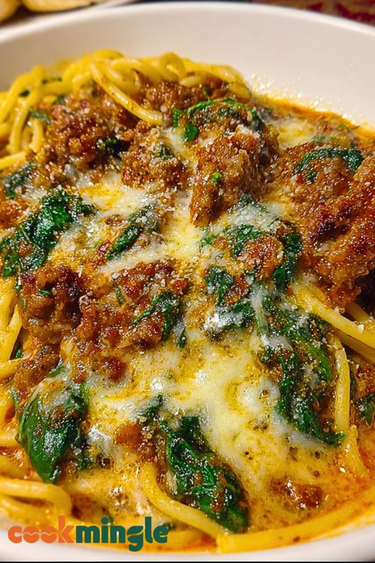 Cheesy Garlic Butter Spaghetti with Italian Sausage & Spinach