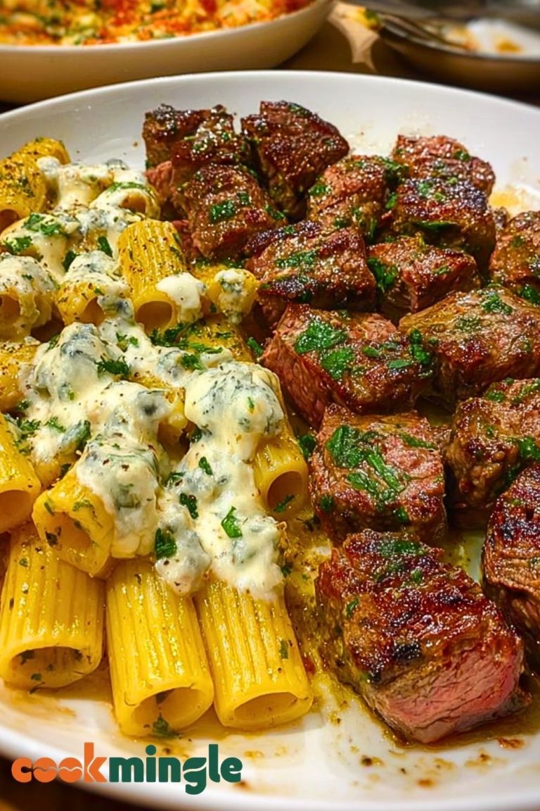 Cheesy Garlic Butter Steak with Rigatoni in Four-Cheese Sauce