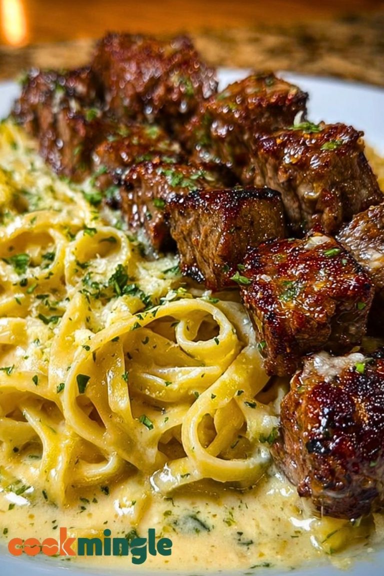 Cheesy Garlic Steak Bites over Creamy Linguine Pasta