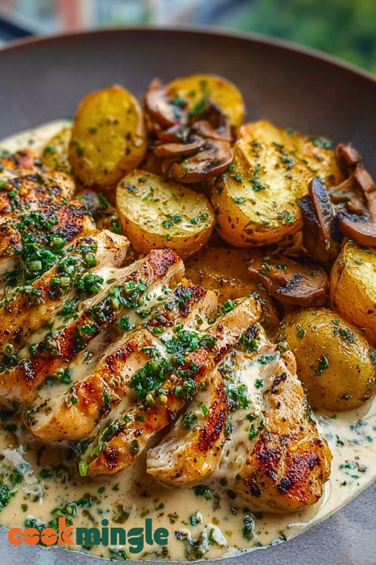 Chestnut Garlic Greek Chicken Alfredo with Sage Potatoes & Mushroom Basil Pesto