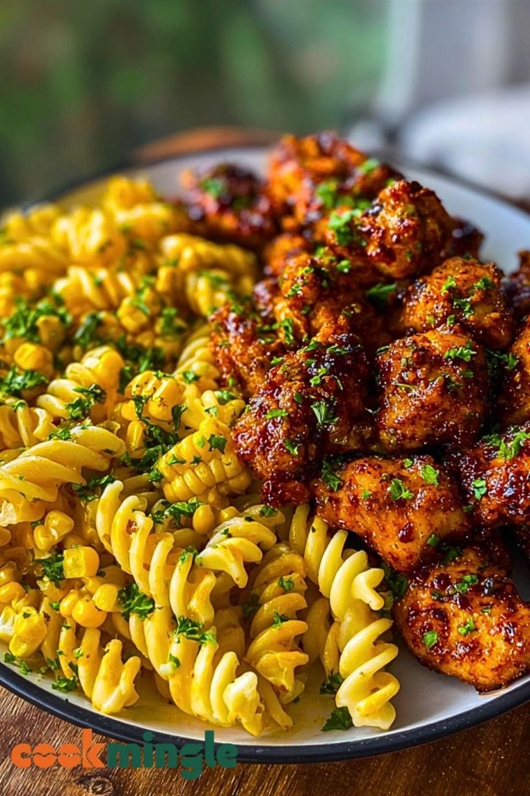 Chili Garlic Butter Chicken Bites with Creamy Cajun Corn Alfredo Twists
