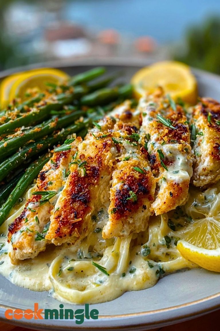 Coconut-Lemon Chicken Alfredo with Chili Feta Cream & Crispy Parmesan Green Beans