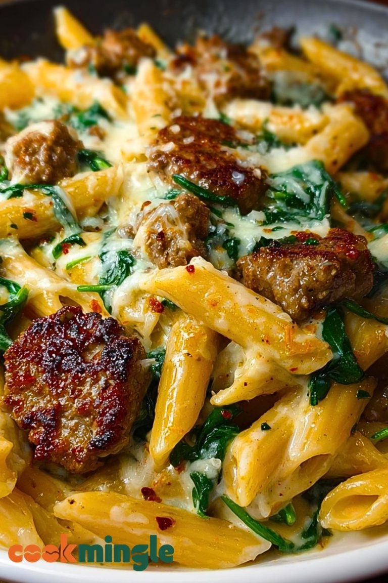 Creamy Garlic Butter Beef Penne with Sausage and Spinach