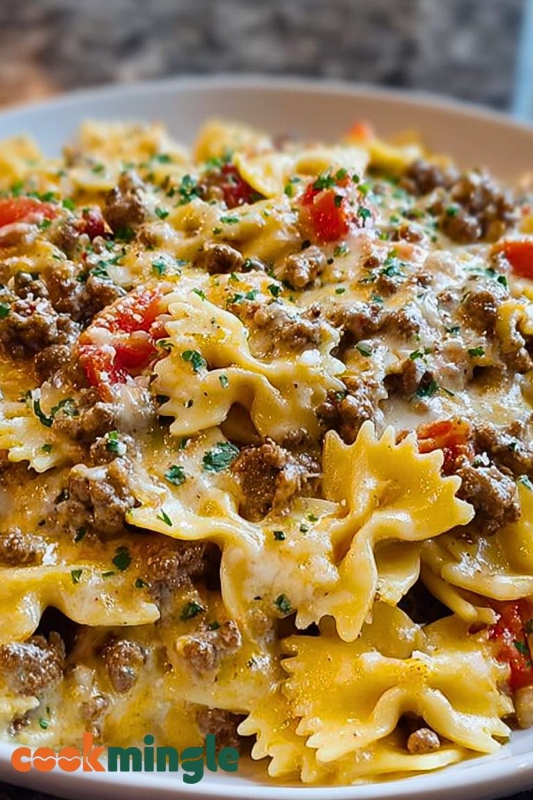 Creamy Ground Beef Bowtie Pasta with Mozzarella and Parmesan