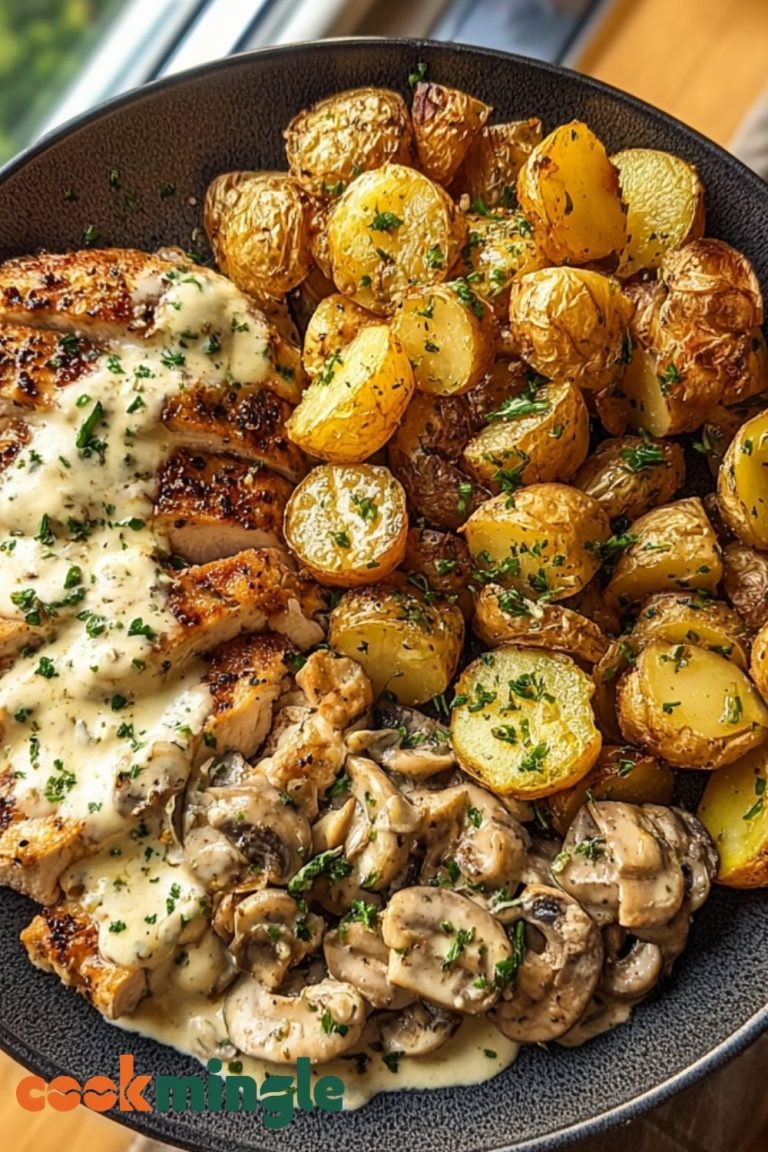 Creamy Mushroom Garlic Chicken Alfredo & Hot Honey Roasted Potatoes