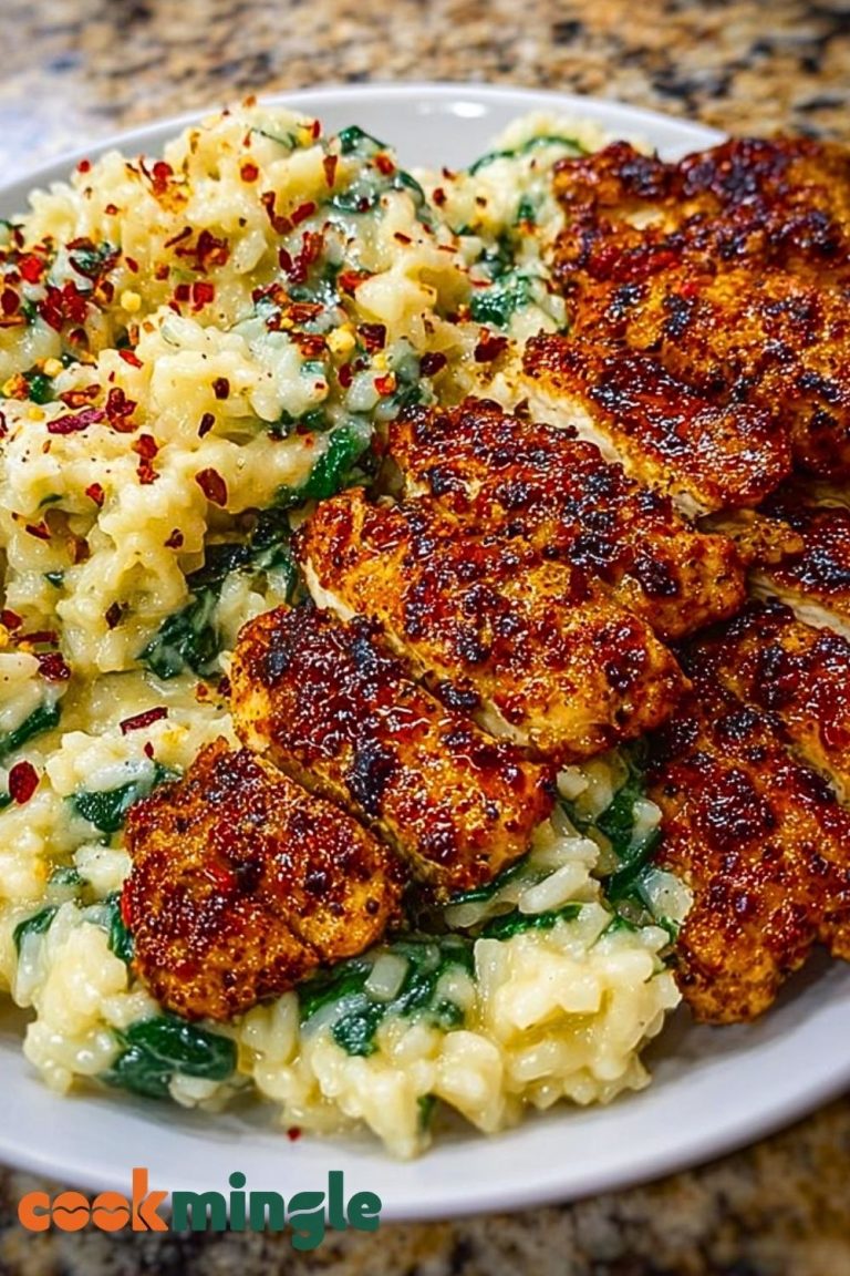 Creamy Parmesan Spinach Rice with Spicy Garlic Chicken