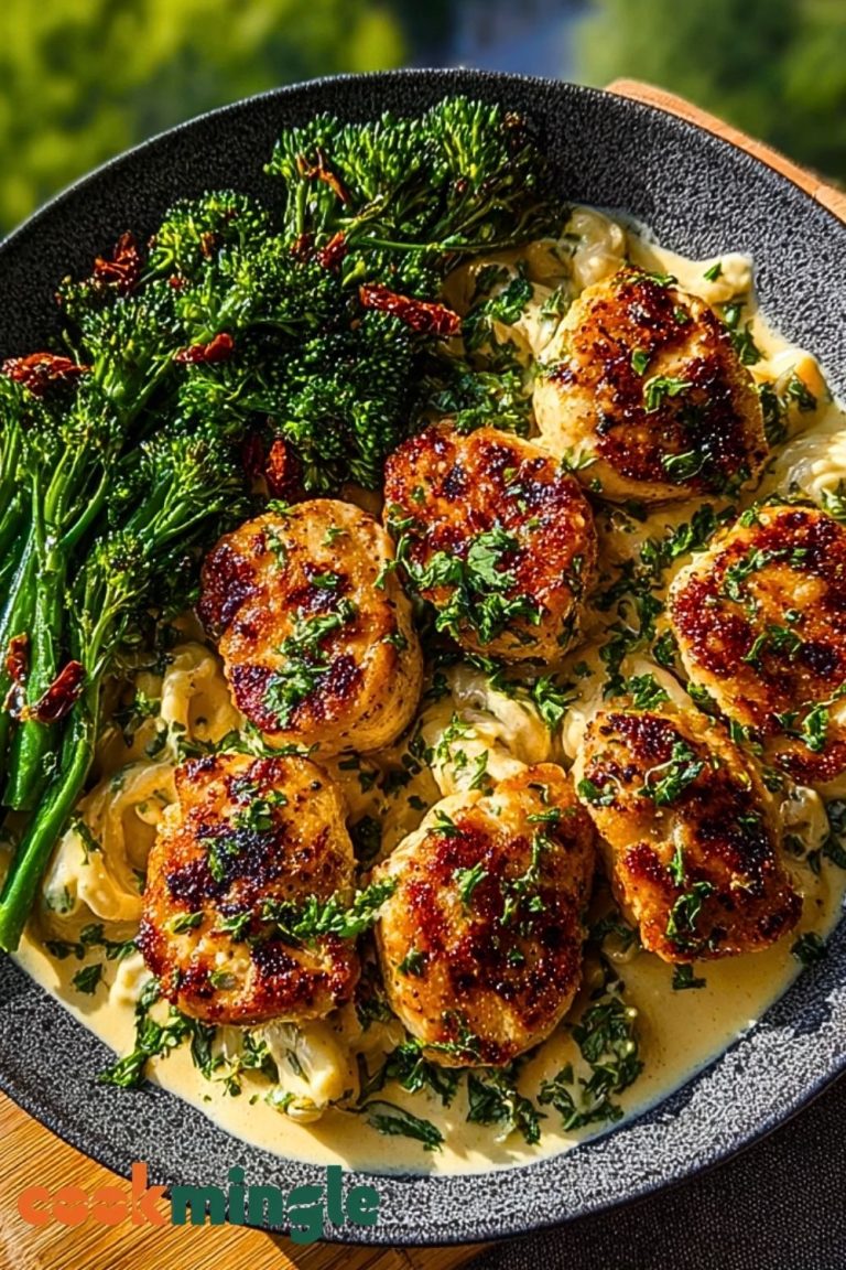 Easy Garlic-Parmesan Chicken Bites Recipe with Sun-Dried Tomato Cajun Alfredo & Charred Broccolini