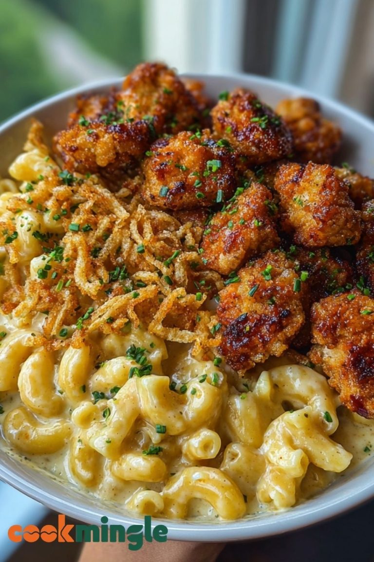 Garlic Butter Chicken Bites & Cajun Alfredo Mac with Crispy Onion Topping