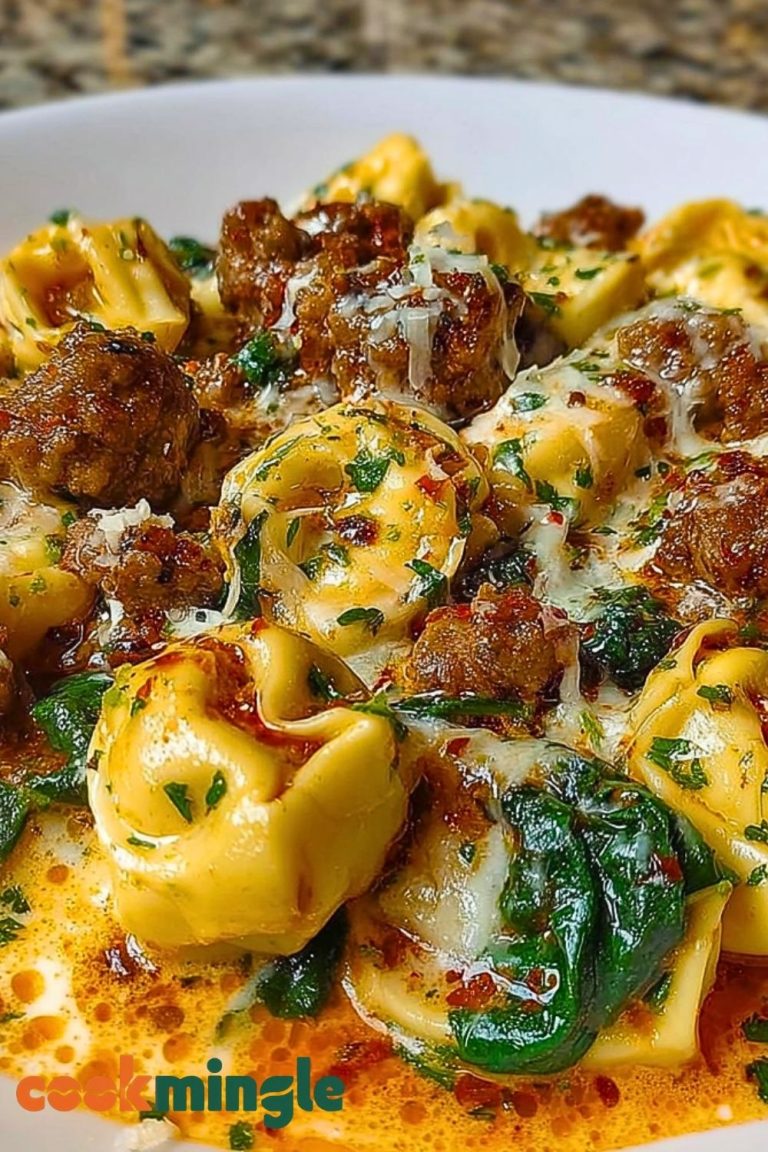 Garlic Butter Tortellini in Creamy Sauce with Beef, Italian Sausage & Spinach