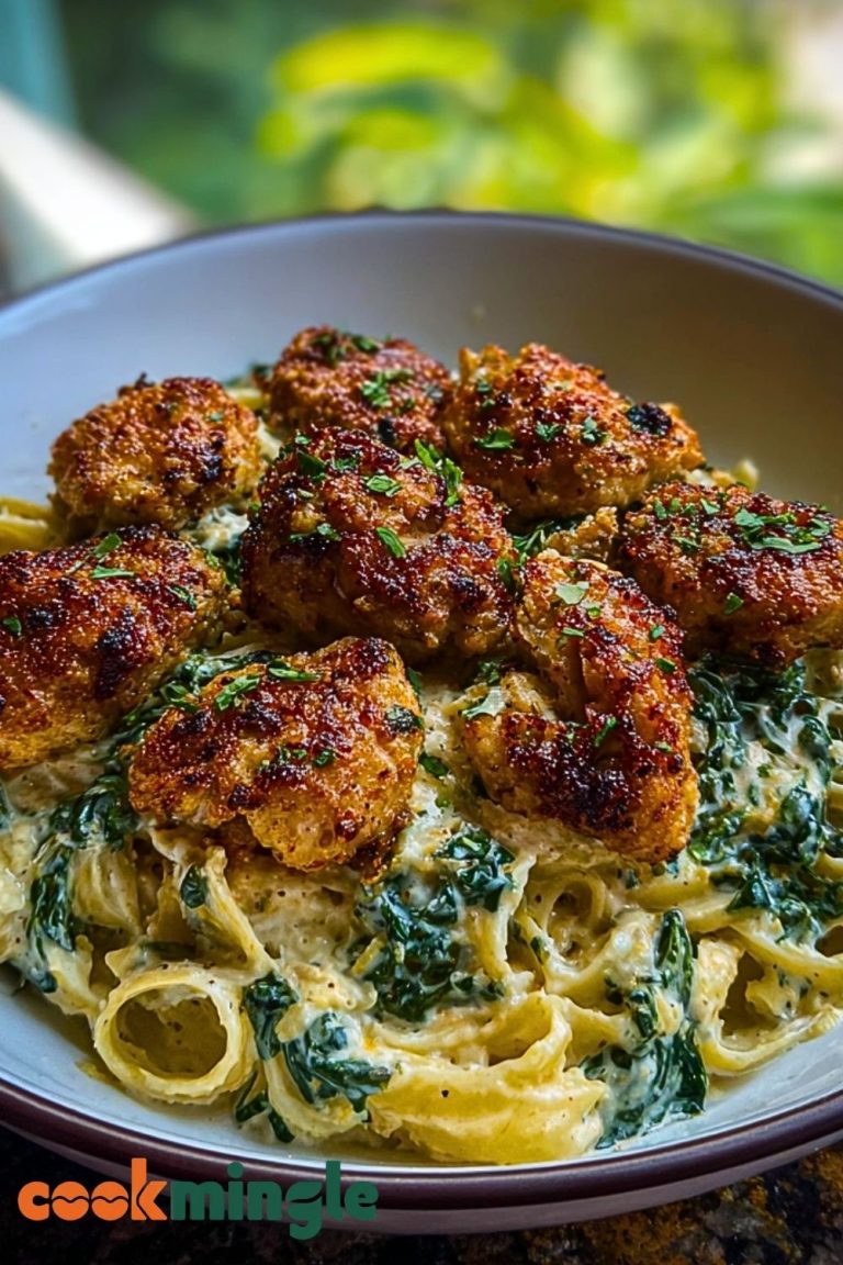Garlic Chicken Bites & Creamy Cajun Spinach Artichoke Alfredo Pasta