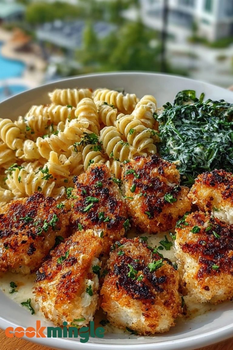 Garlic Parmesan Chicken Bites with Hot Cajun Alfredo & Crispy Spinach Twists
