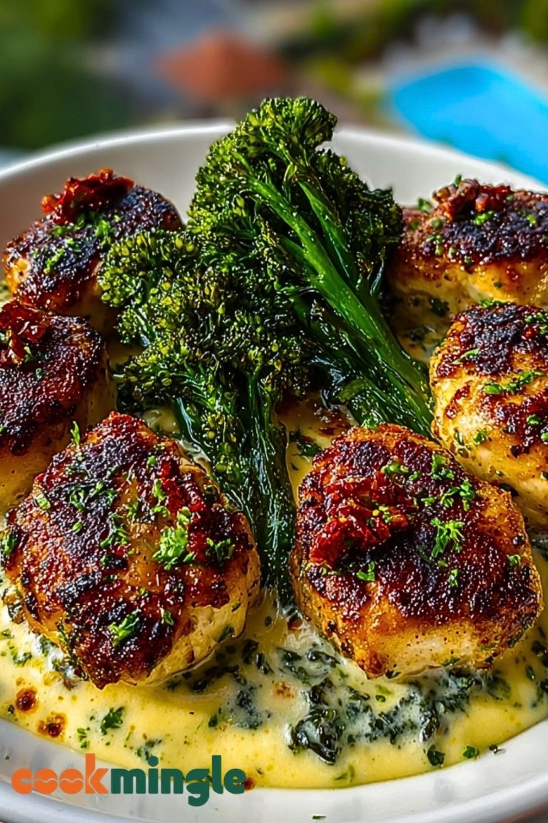 Garlic-Parmesan Chicken Bites with Sun-Dried Tomato Cajun Alfredo & Charred Broccolini