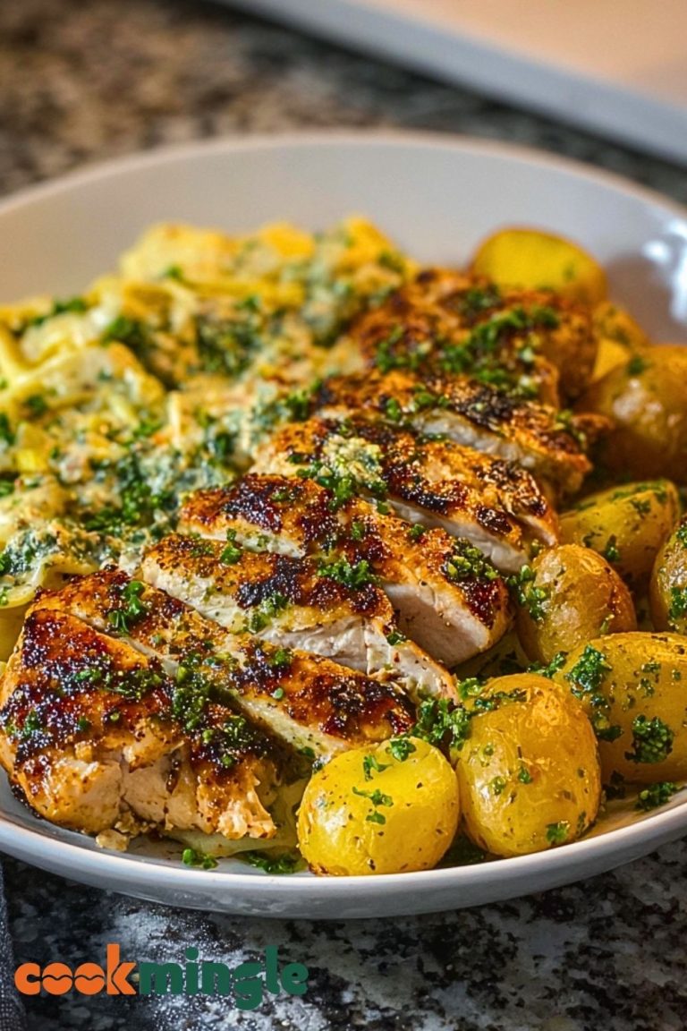 Greek Chicken Alfredo & Garlic Potatoes with Spicy Hot Honey Tahini Pesto