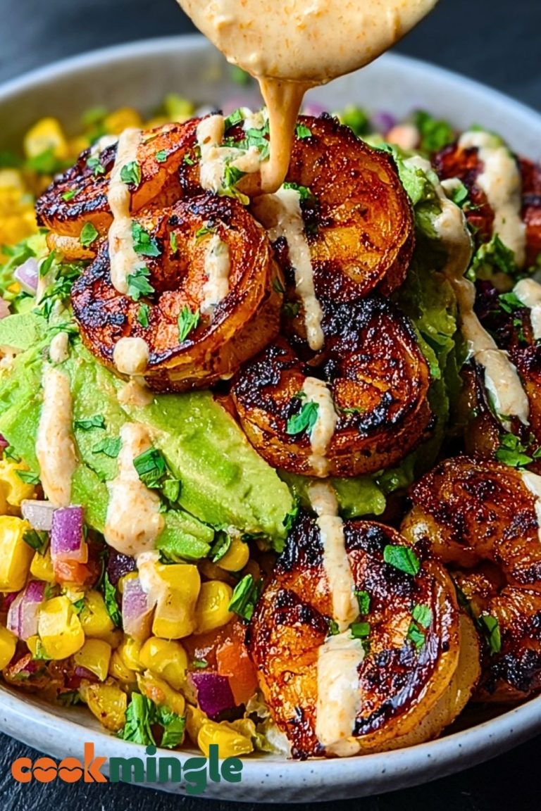 Grilled Shrimp Bowl with Avocado, Corn Salsa & Creamy Sauce