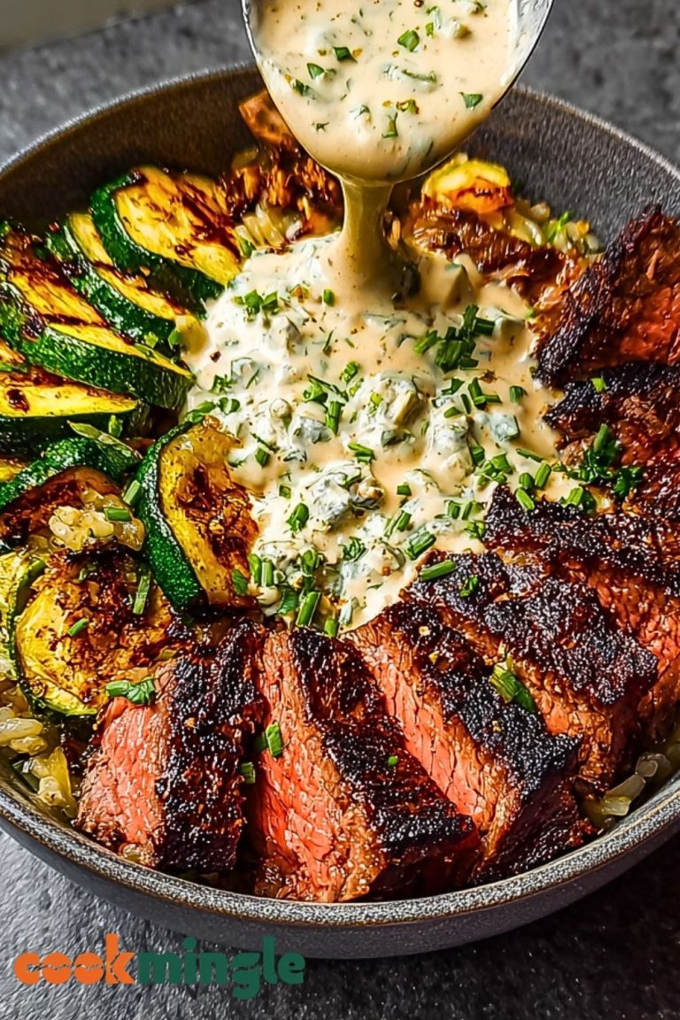 Grilled Steak Bowl with Creamy Sauce & Grilled Zucchini