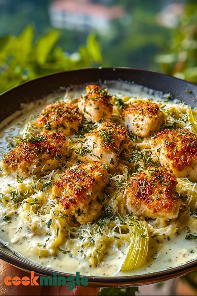Herbed Chicken Alfredo with Truffle Feta Cream & Crispy Parmesan Leeks