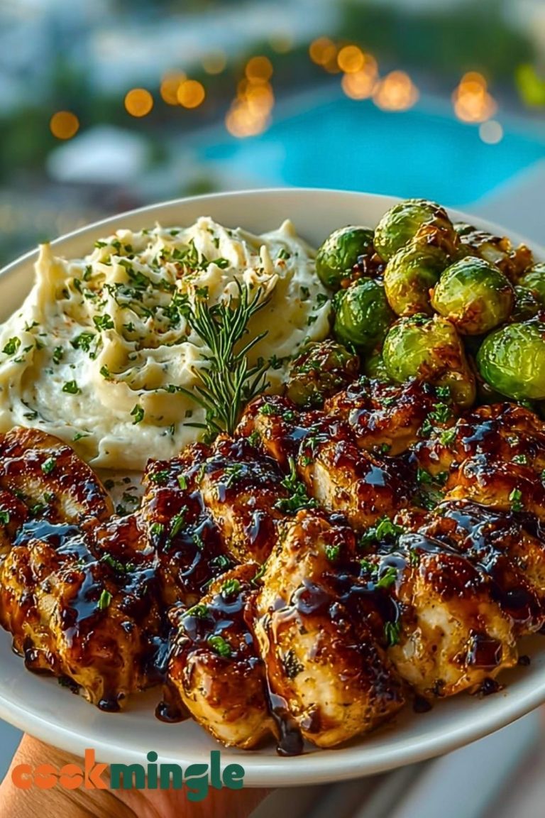 Hot Honey Balsamic Chicken Alfredo with Whipped Feta & Crispy Brussels Chips