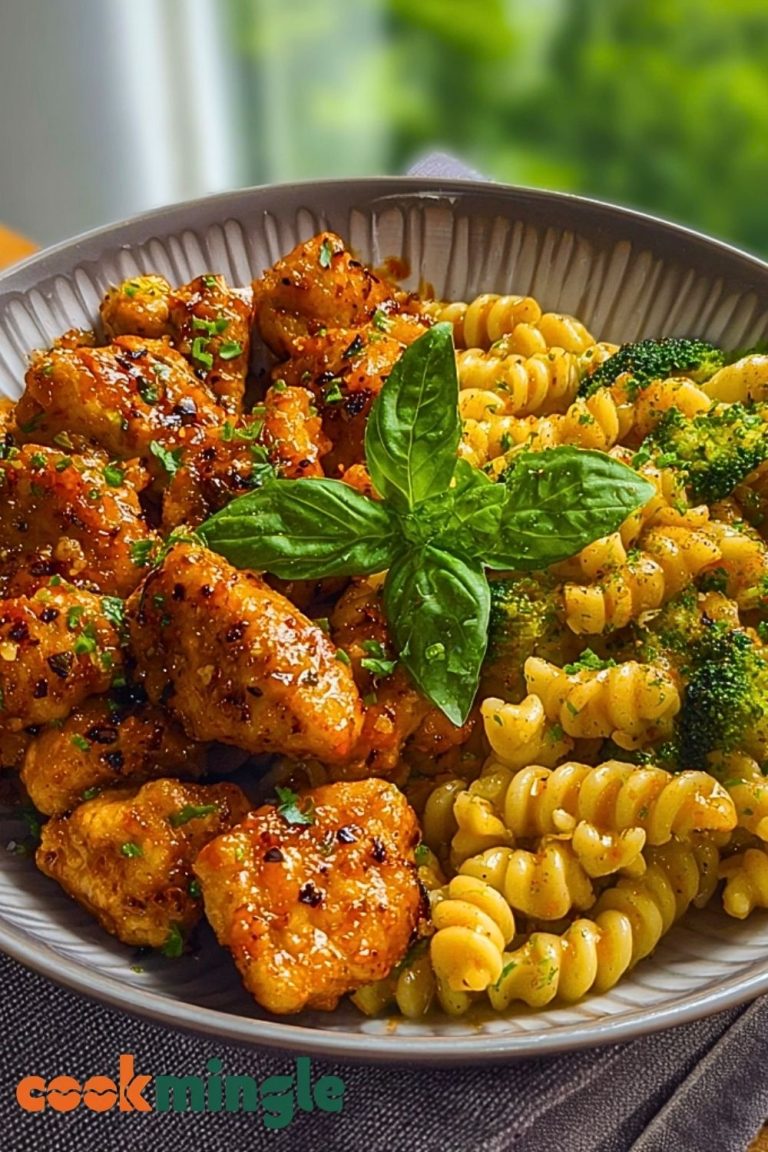Hot Honey Garlic Chicken Bites & Cajun Alfredo with Crispy Broccoli Twists