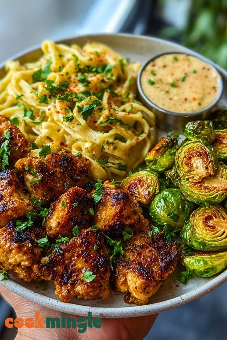 Maple Garlic Chicken Bites with Spicy Cajun Alfredo & Crispy Brussels Twists