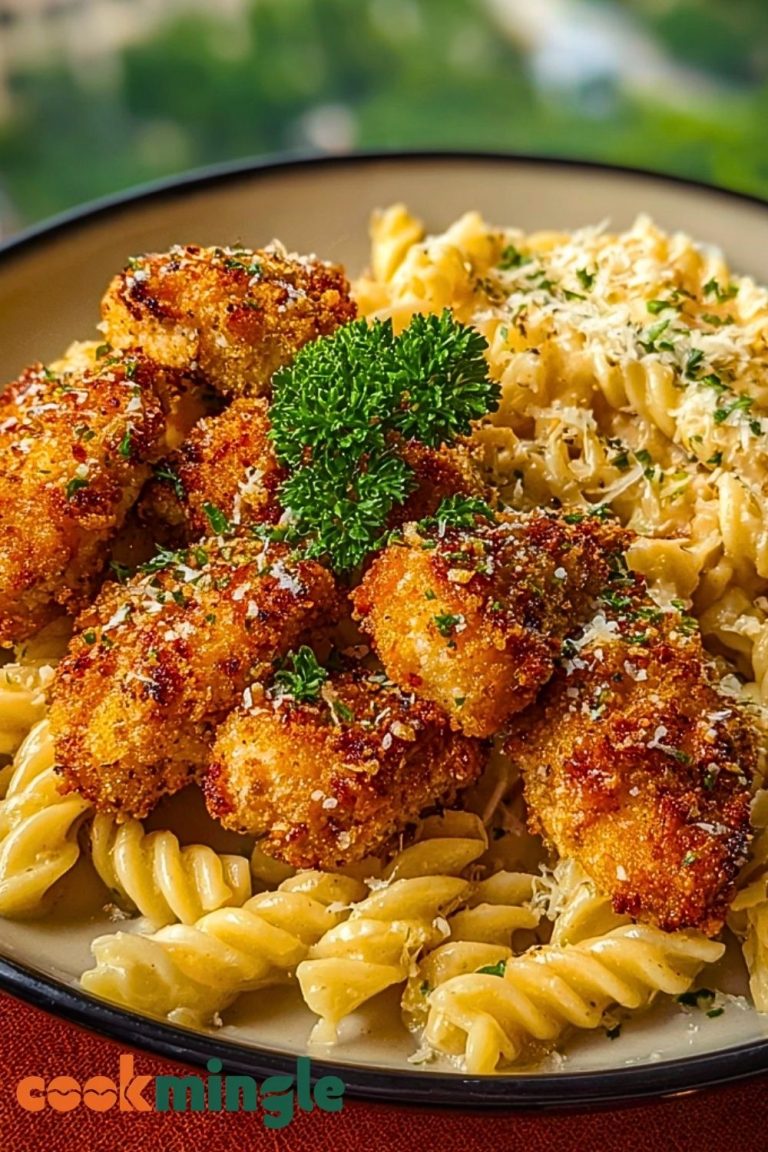 Parmesan Crusted Chicken Bites & Smoked Cajun Alfredo Gemelli Delight