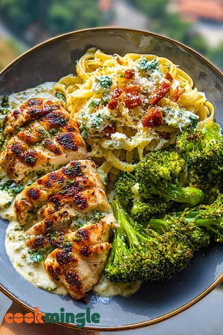 Pesto Chicken Alfredo with Spicy Feta Cream & Parmesan Broccoli Crunch