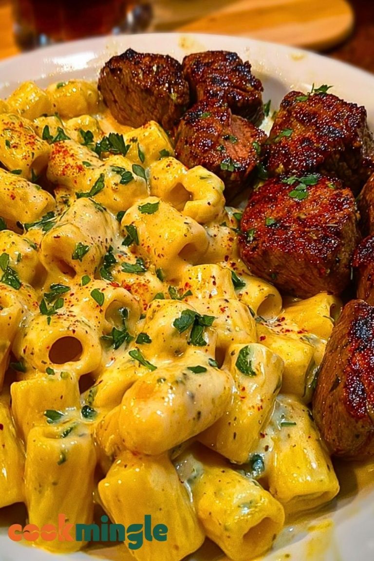 Rigatoni in Garlic Butter Parmesan Cream Sauce with Cajun Steak Tips