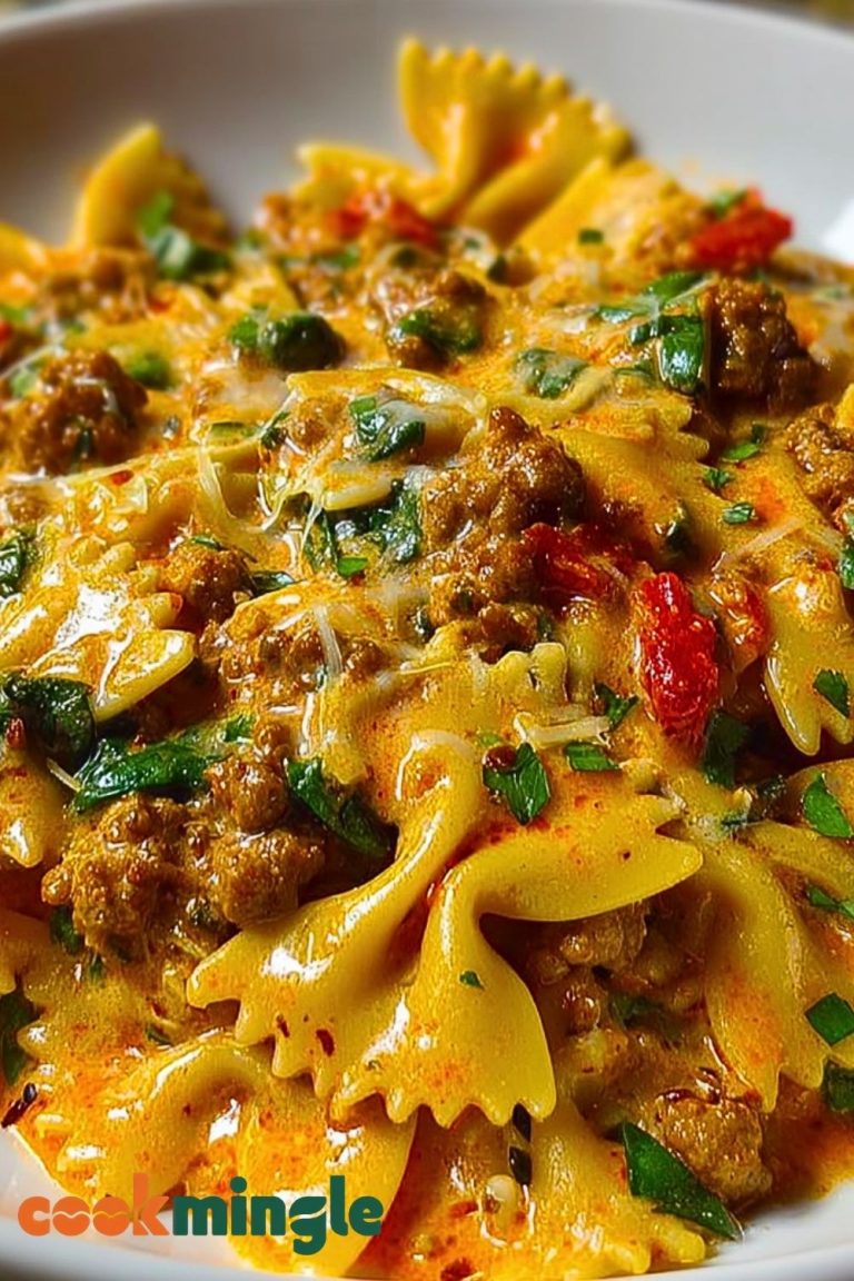Spicy Cajun Bowtie Pasta with Beef, Sausage & Creamy Garlic Sauce
