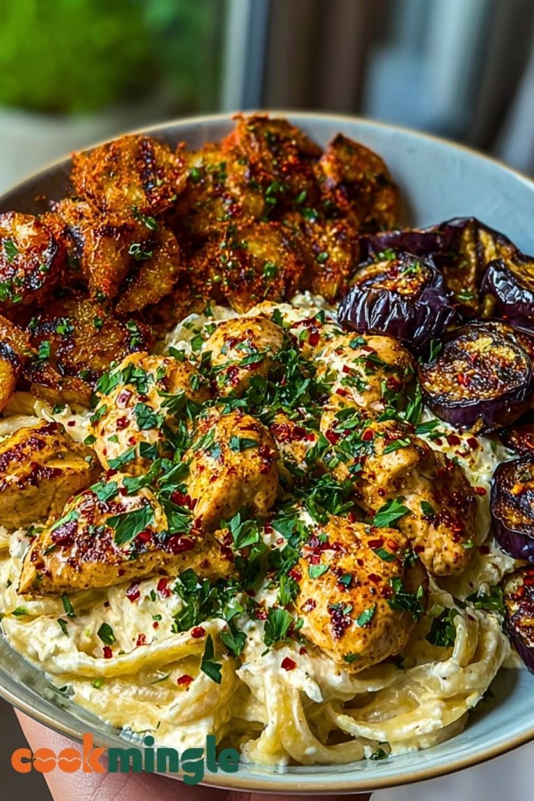 Spicy Whipped Feta Chicken Alfredo with Crispy Eggplant Wedges & Chili Oil Drizzle