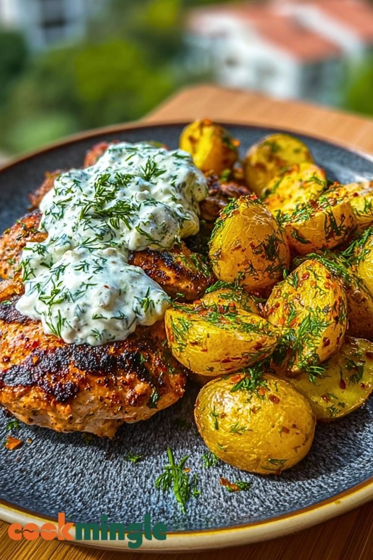 Spicy Yogurt Marinated Chicken with Dill Feta Cream & Crispy Baby Potatoes