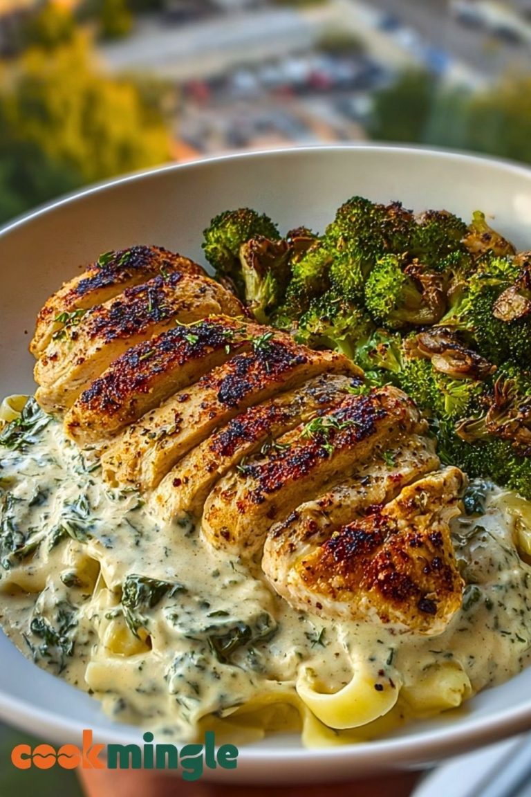 Spinach-Artichoke Greek Chicken Alfredo & Crispy Parmesan Broccoli with Mushroom Basil Cream