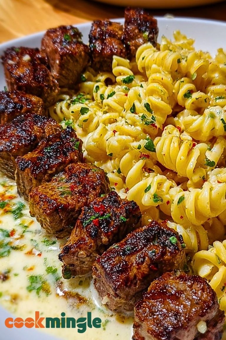 Steak Bites and Cheesy Rotini in Garlic Parmesan Sauce