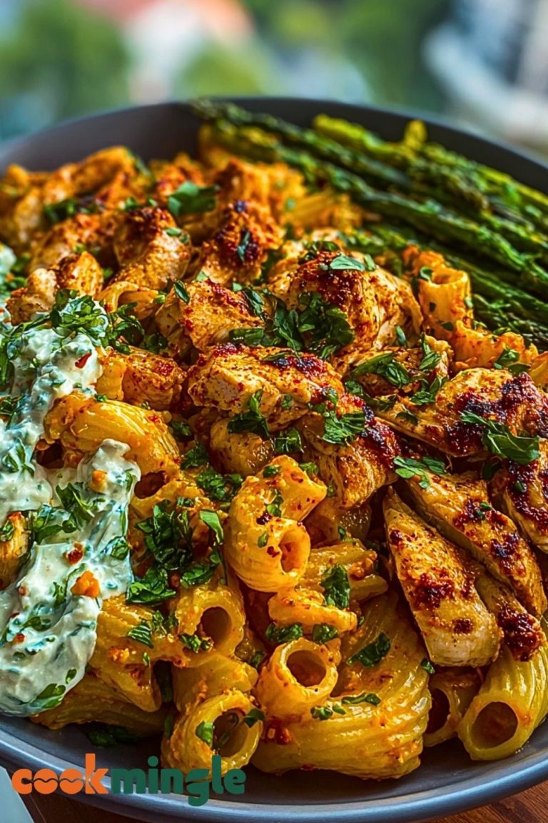 Zesty Greek Chicken Pasta with Spicy Harissa Feta Cream & Roasted Asparagus Crisps