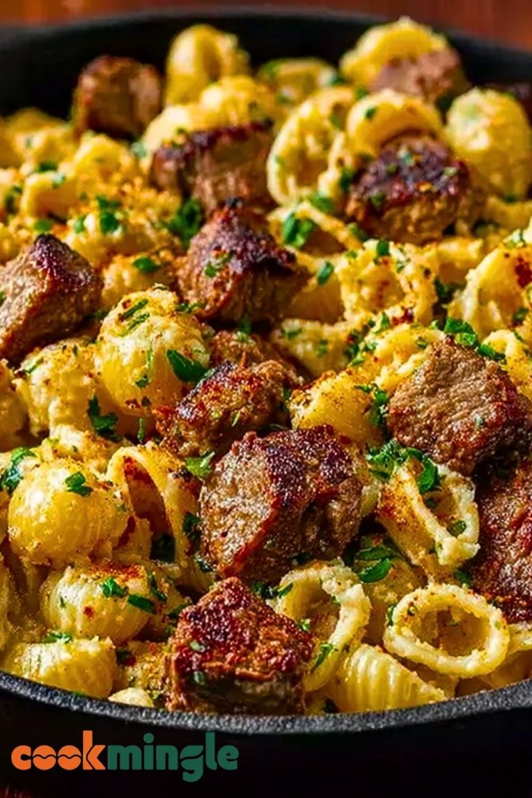 Cajun Steak Bites with Cheesy Garlic Shell Pasta Skillet