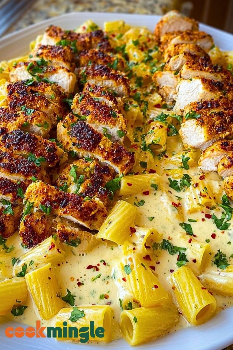Cheesy Garlic Butter Chicken Bites with Rigatoni in Alfredo Sauce